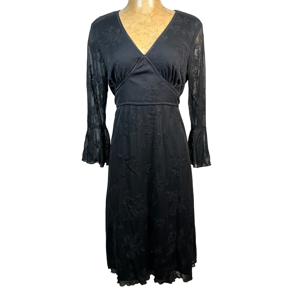 Black Glitter Floral Witchy Whimsigoth Baby doll Mesh Bell Sleeve Midi‎ Dress